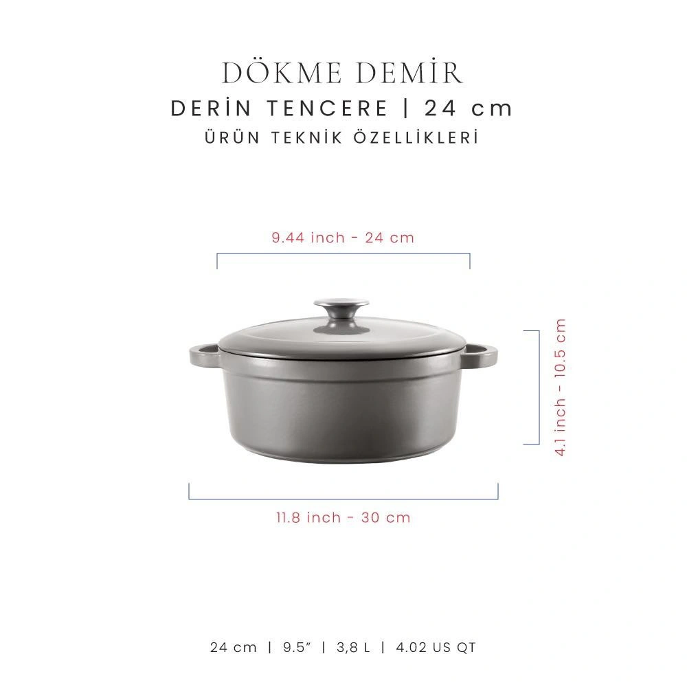 Voeux Kitchenware Gracieuse Gri Derin Döküm Tencere 24 Cm görseli 2