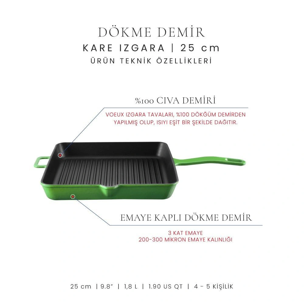 Voeux Kitchenware Forêt Yeşil Döküm Kare Izgara Tava 25 Cm görseli 3