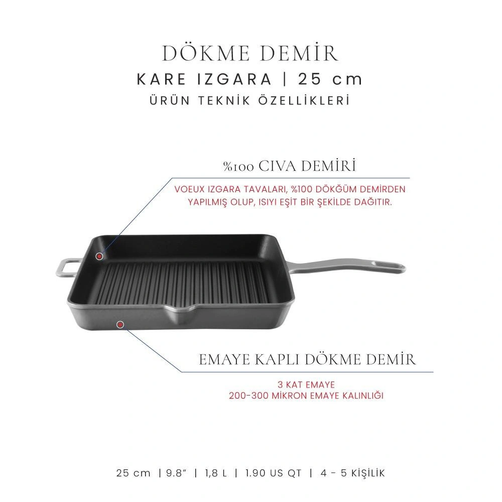 Voeux Kitchenware Gracieuse Gri Döküm Kare Izgara Tava 25 Cm görseli 3