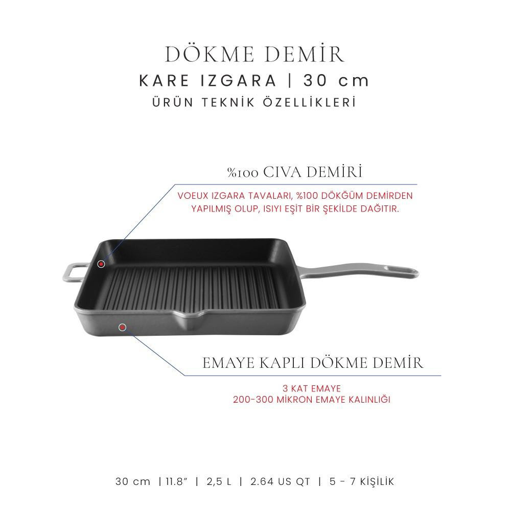 Voeux Kitchenware Gracieuse Gri Döküm Kare Izgara Tava 30 Cm görseli 3
