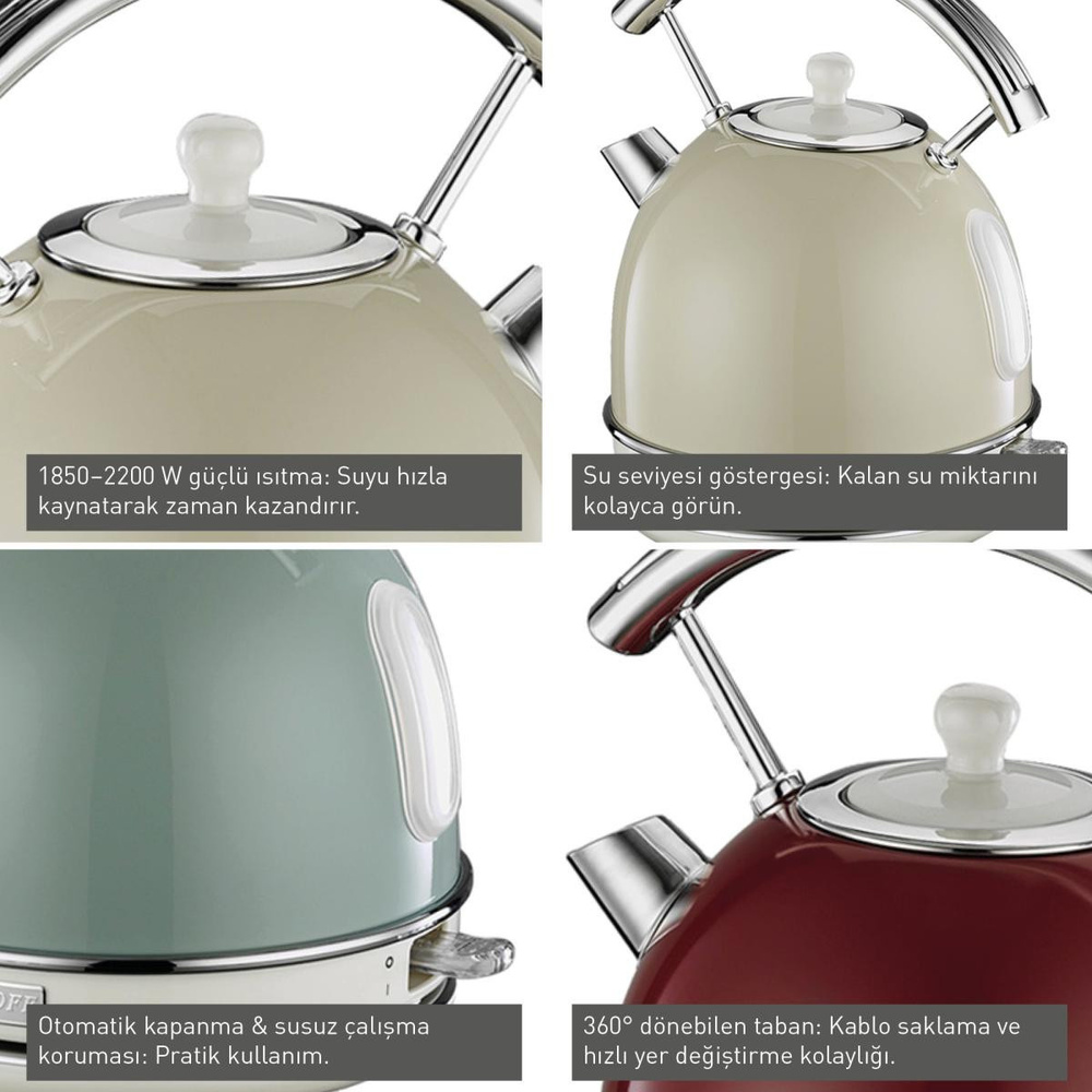 Berghoff Gem Retro 1,7 L Su Isıtıcı – 2200 W, Paslanmaz Çelik Gövde | Vanilya Krem görseli 3