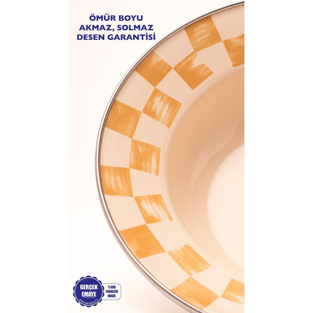 Emaylab Beige Dama Desenli Emaye Çukur Makarna Ve Salata Tabağı 24cm görseli 4