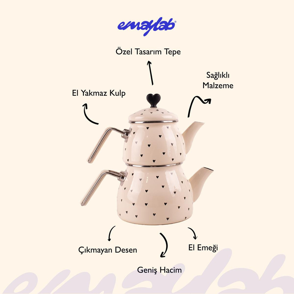 Emaylab Black Cupid Kalp Desenli Emaye Çaydanlık Takımı (özel Zamak Tepeli) görseli 2