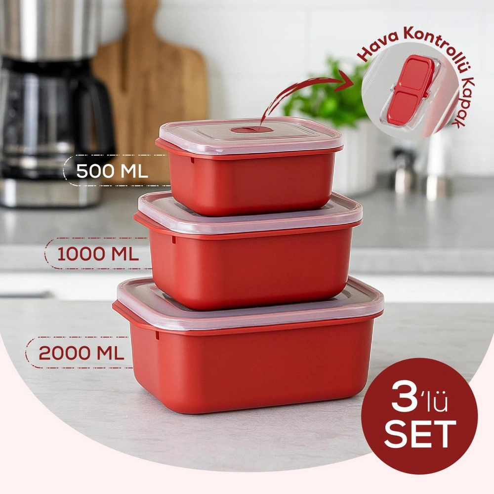 Vienev Kapaklı 3’lü Mikrodalgaya Uygun Dikdörtgen Saklama Kabı Seti - 500/1000/2000 Ml görseli 1
