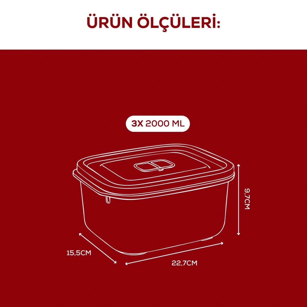 Vienev Kapaklı 3’lü Mikrodalgaya Uygun Dikdörtgen Saklama Kabı Seti - 2000 Ml görseli 3