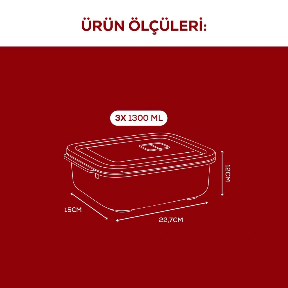 Vienev Kapaklı 3’lü Mikrodalgaya Uygun Dikdörtgen Saklama Kabı Seti - 1300 Ml görseli 3