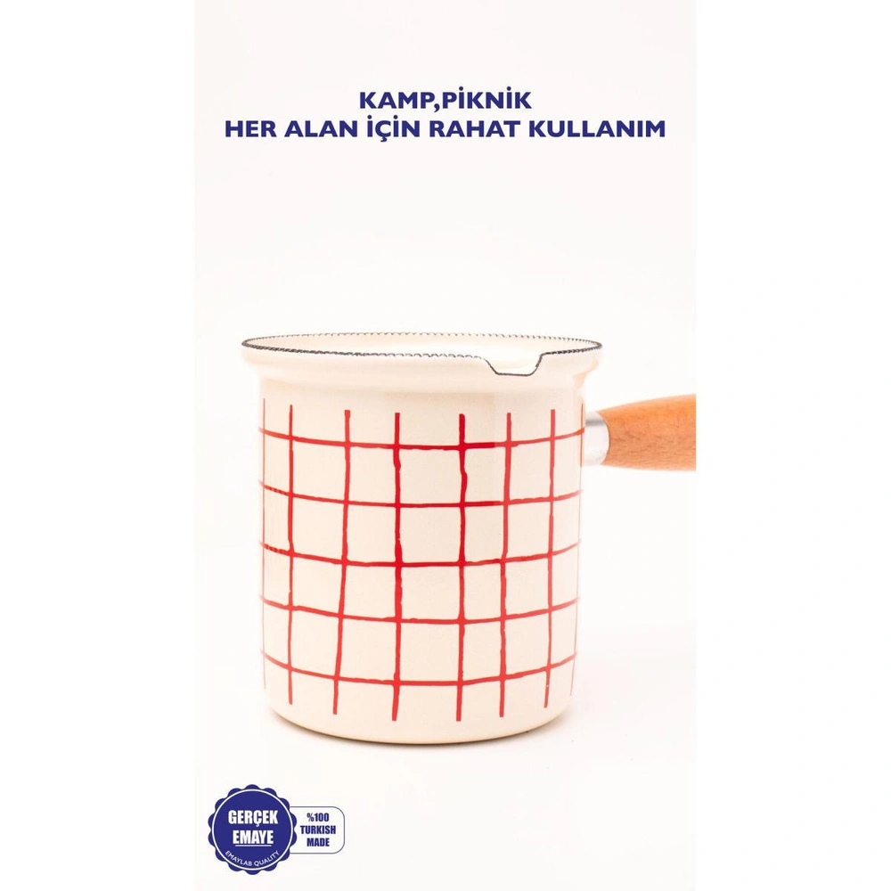 Emaylab Cupid Kareli Emaye Ahşap Saplı Cezve (500ml-6 Kişilik) görseli 3