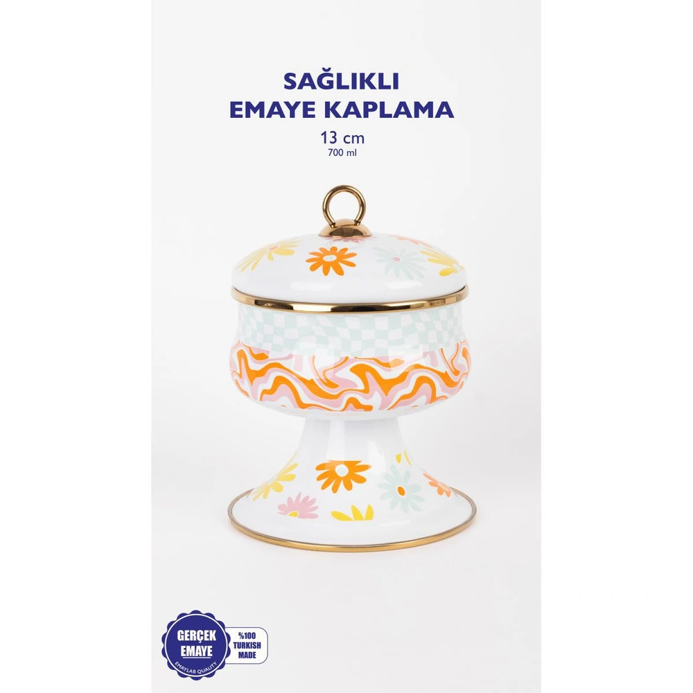 Emaylab Retro Hippi Dekoratif Emaye Kapaklı Şekerlik, Çikolata Sunumu, Çerezlik görseli 5