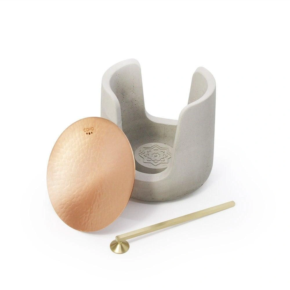 Coho Objet Coho Concre Matte Dövme Bakır Kase & Mum Söndürücü Boz Buhurdanlık Set görseli 2