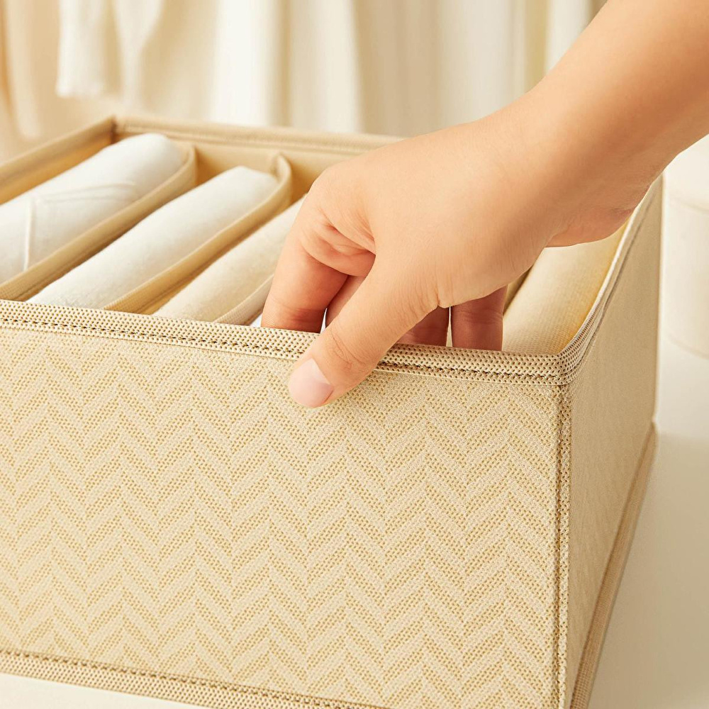Ocean Home Textile 2'li 6 Bölmeli Bej Balıksırtı Desenli Çekmece İçi Düzenleyici Kutu Set 28 X 28 X 13 Cm görseli 4