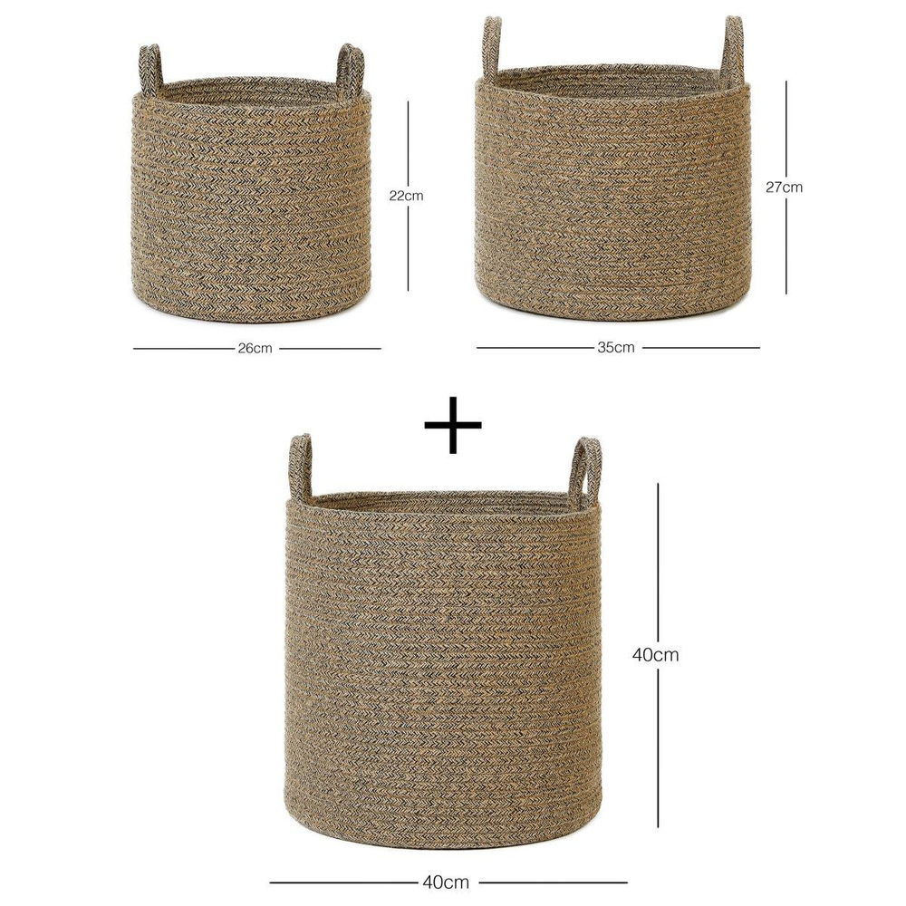 Ocean Home Textile 3'lü Siyah Kırçıllı Jüt Halat Sepet Set 26 X 22 / 35 X 27 / 40 X 40 Cm görseli 3