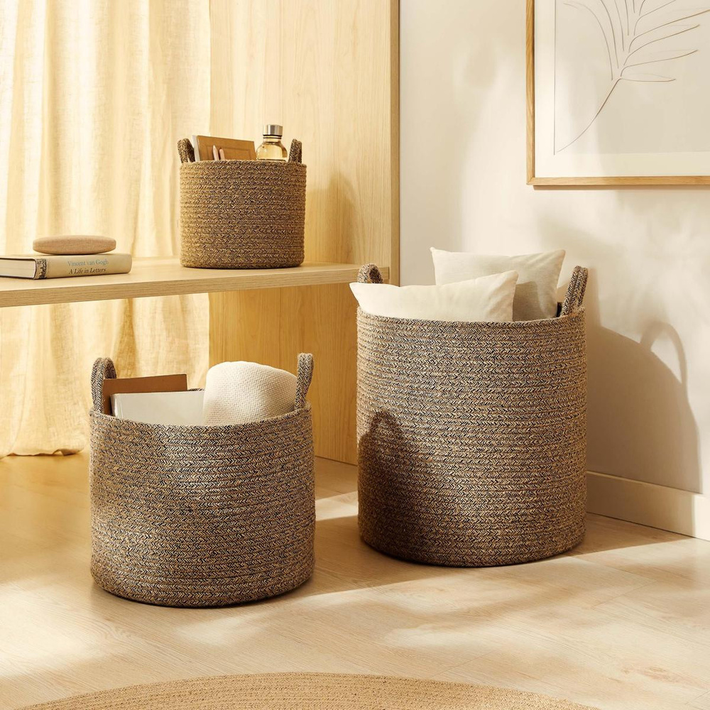 Ocean Home Textile 3'lü Siyah Kırçıllı Jüt Halat Sepet Set 26 X 22 / 35 X 27 / 40 X 40 Cm görseli 1