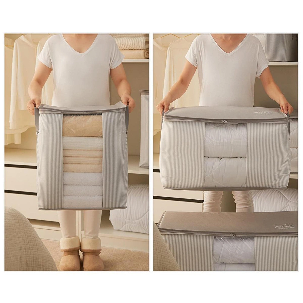 Ocean Home Textile 2'li Pvc Pencereli Stuff & Things Gri Çizgili Hurç Set görseli 2