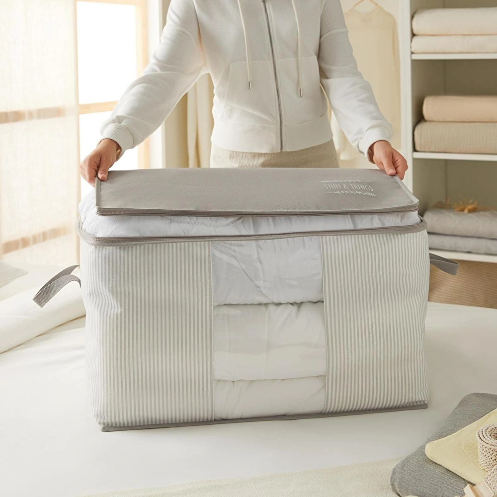 Ocean Home Textile 2'li Pvc Pencereli Stuff & Things Gri Çizgili Hurç Set görseli 4