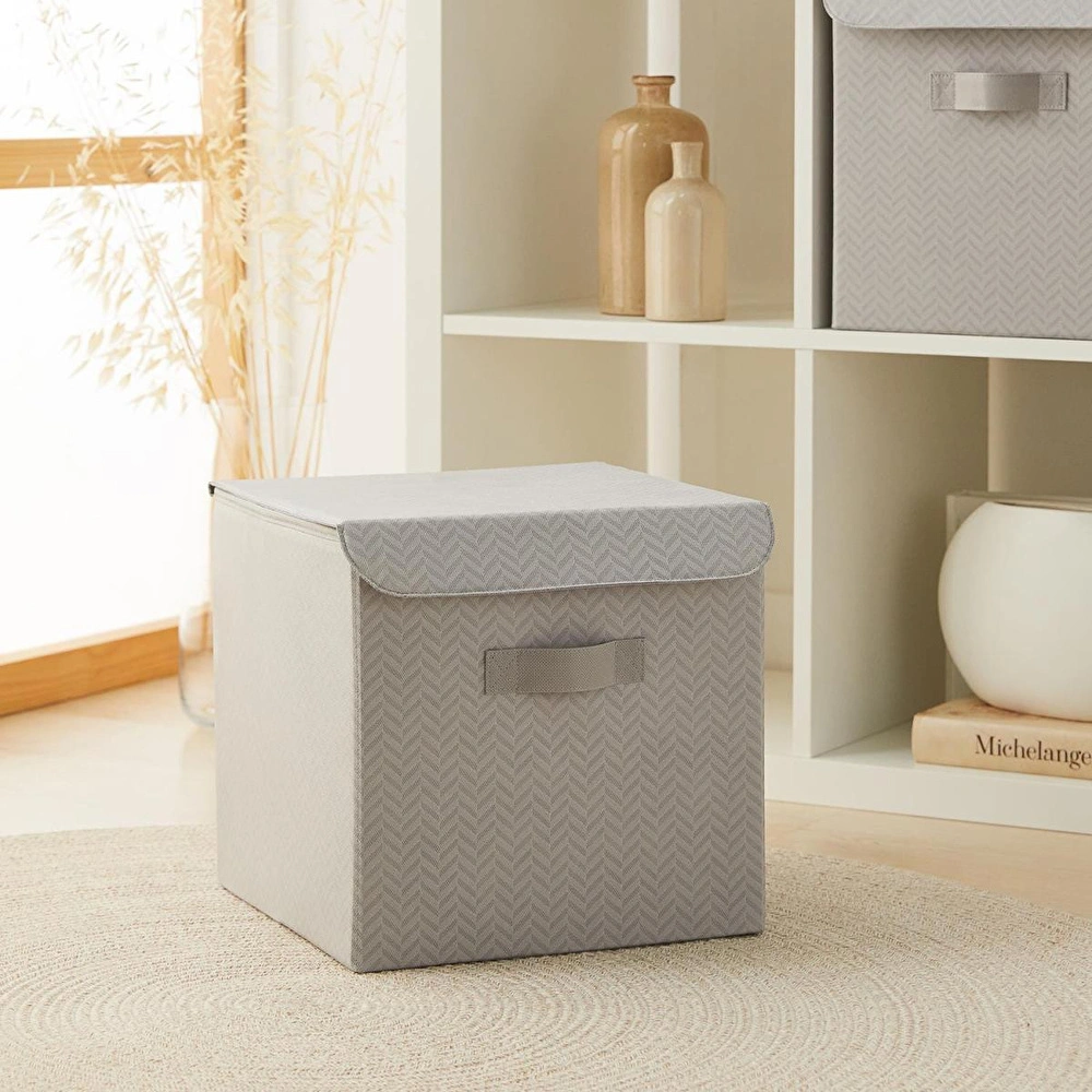 Ocean Home Textile Gri Balıksırtı Kapaklı Kutu 30 X 30 X 30 Cm görseli 1