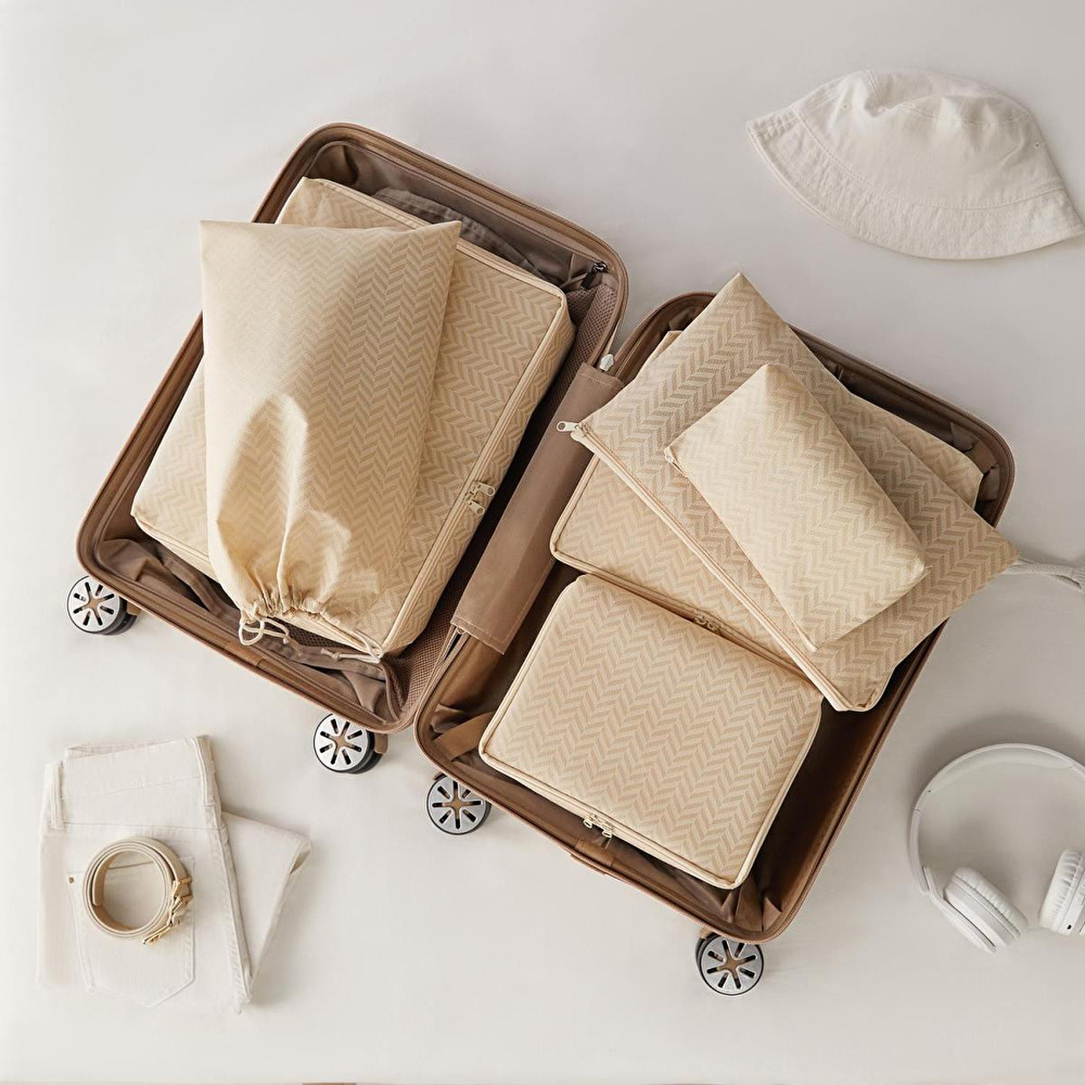 Ocean Home Textile 6'lı Bej Balıksırtı Bavul İçi Düzenleyici Set görseli 3