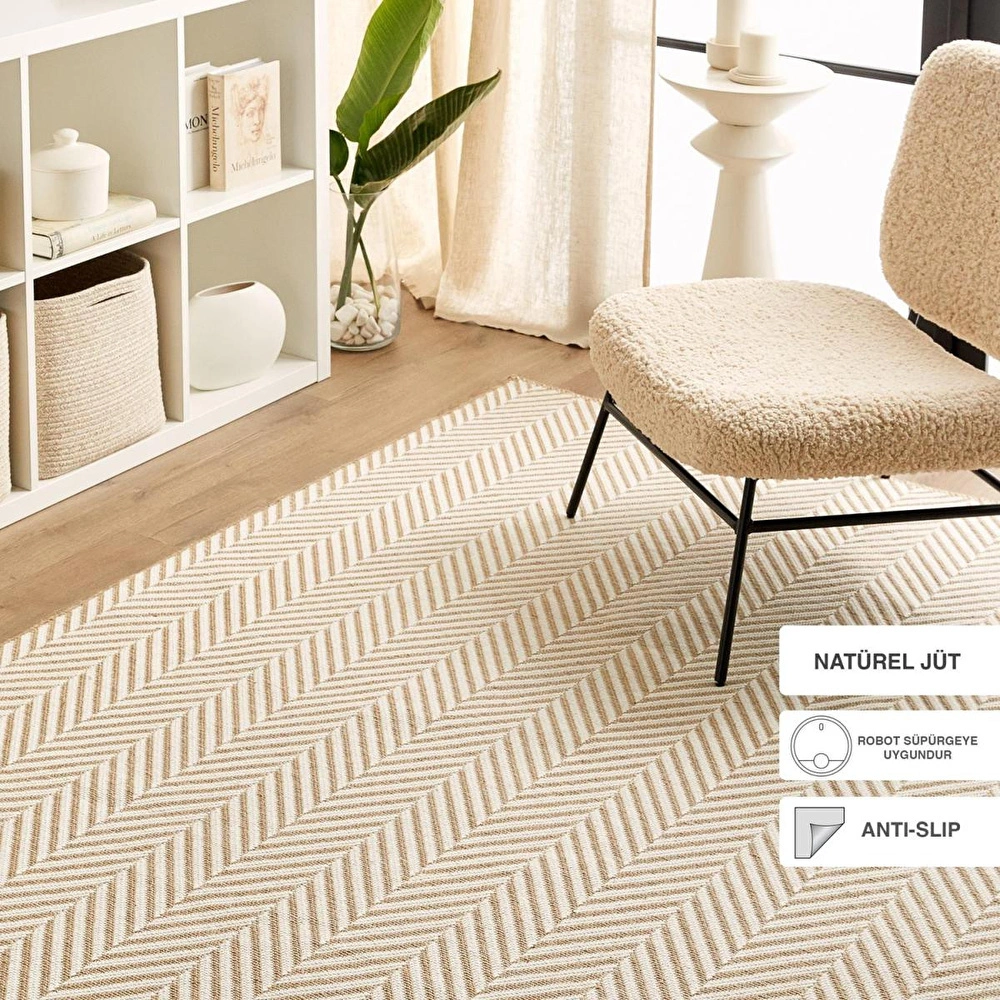 Ocean Home Textile Ekru Renk Balıksırtı Jüt Halı Kilim 120 X 180 Cm görseli 1