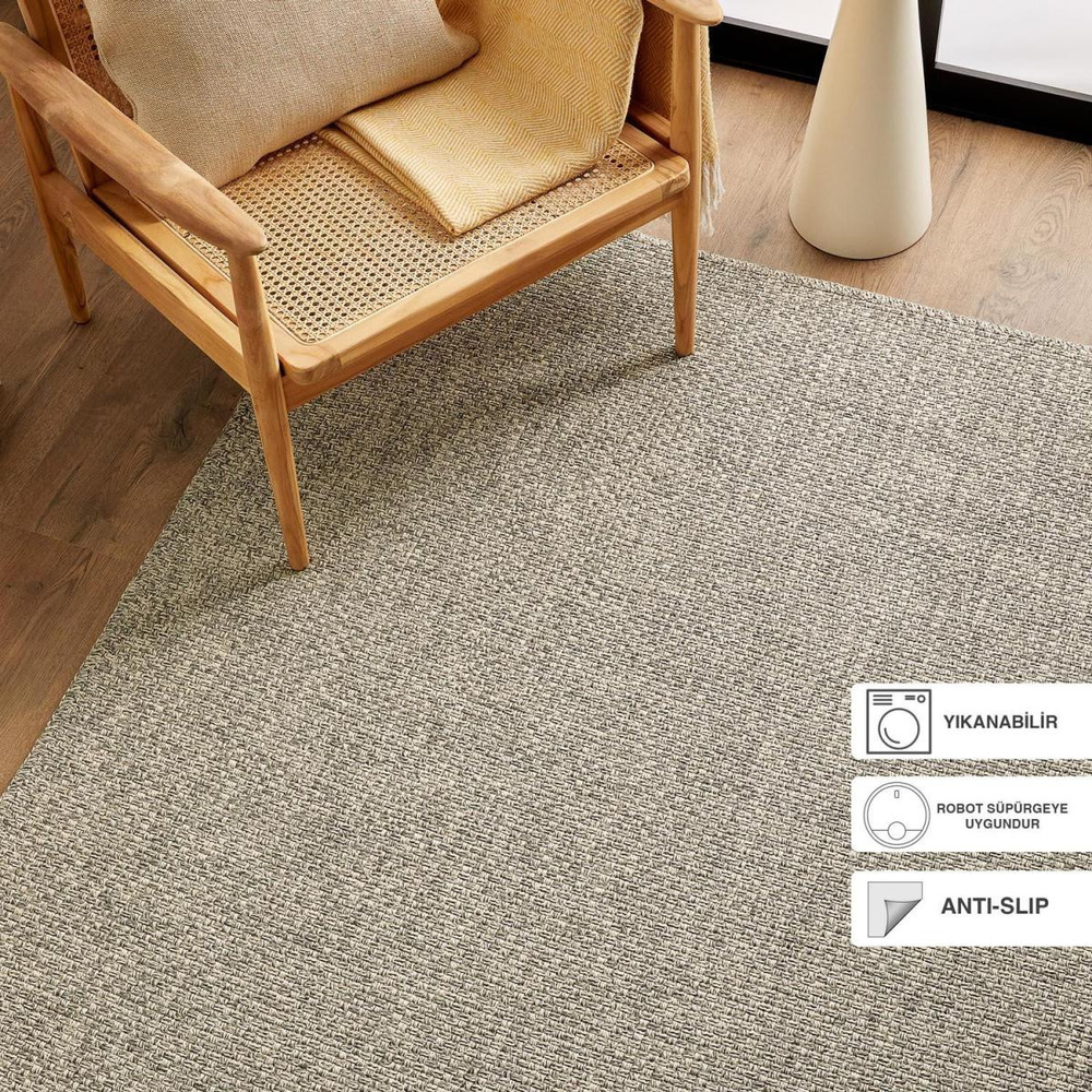 Ocean Home Textile Yıkanabilir Jüt Görünümlü Gri Renk Hasır Desenli Halı Kilim 120 X 180 Cm görseli 1