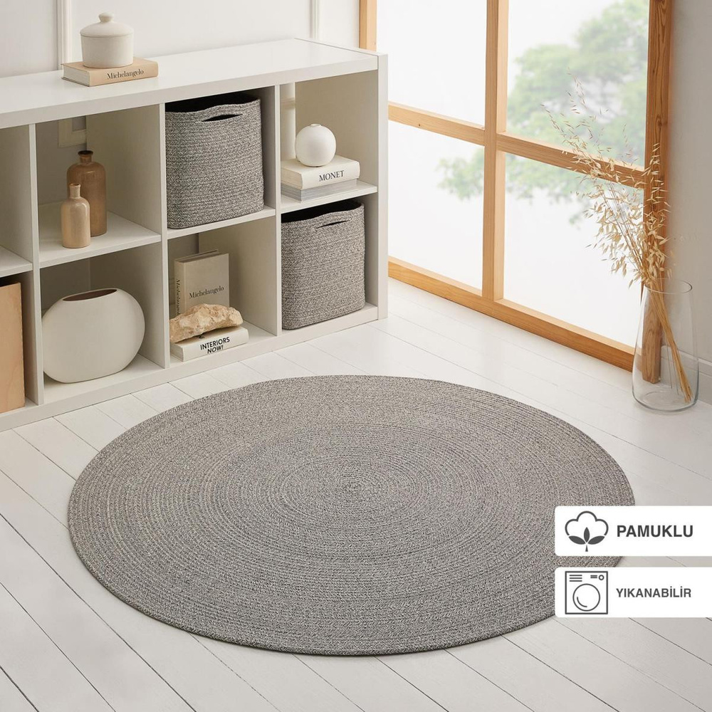 Ocean Home Textile Yıkanabilir Gri Kırçıllı Pamuklu Halı Kilim Ø 120 Cm görseli 1