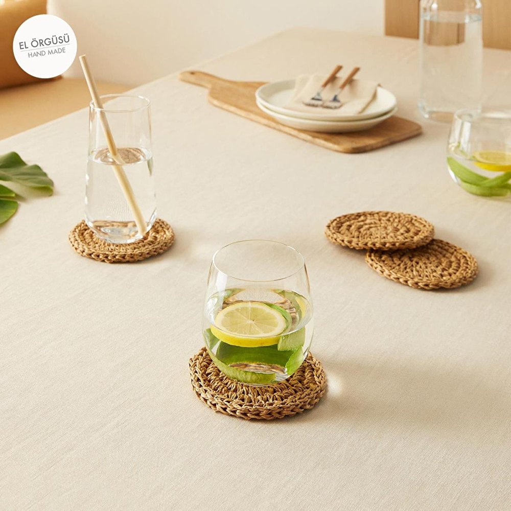 Ocean Home Textile 4'lü Bej Renk Rafya Bardak Altlığı Ø 11 Cm görseli 1