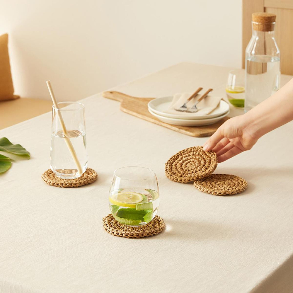 Ocean Home Textile 4'lü Bej Renk Rafya Bardak Altlığı Ø 11 Cm görseli 2