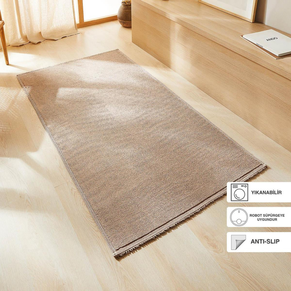 Ocean Home Textile Yıkanabilir Pamuklu Bej Renk Buklet Kilim 120 X 180 Cm görseli 1