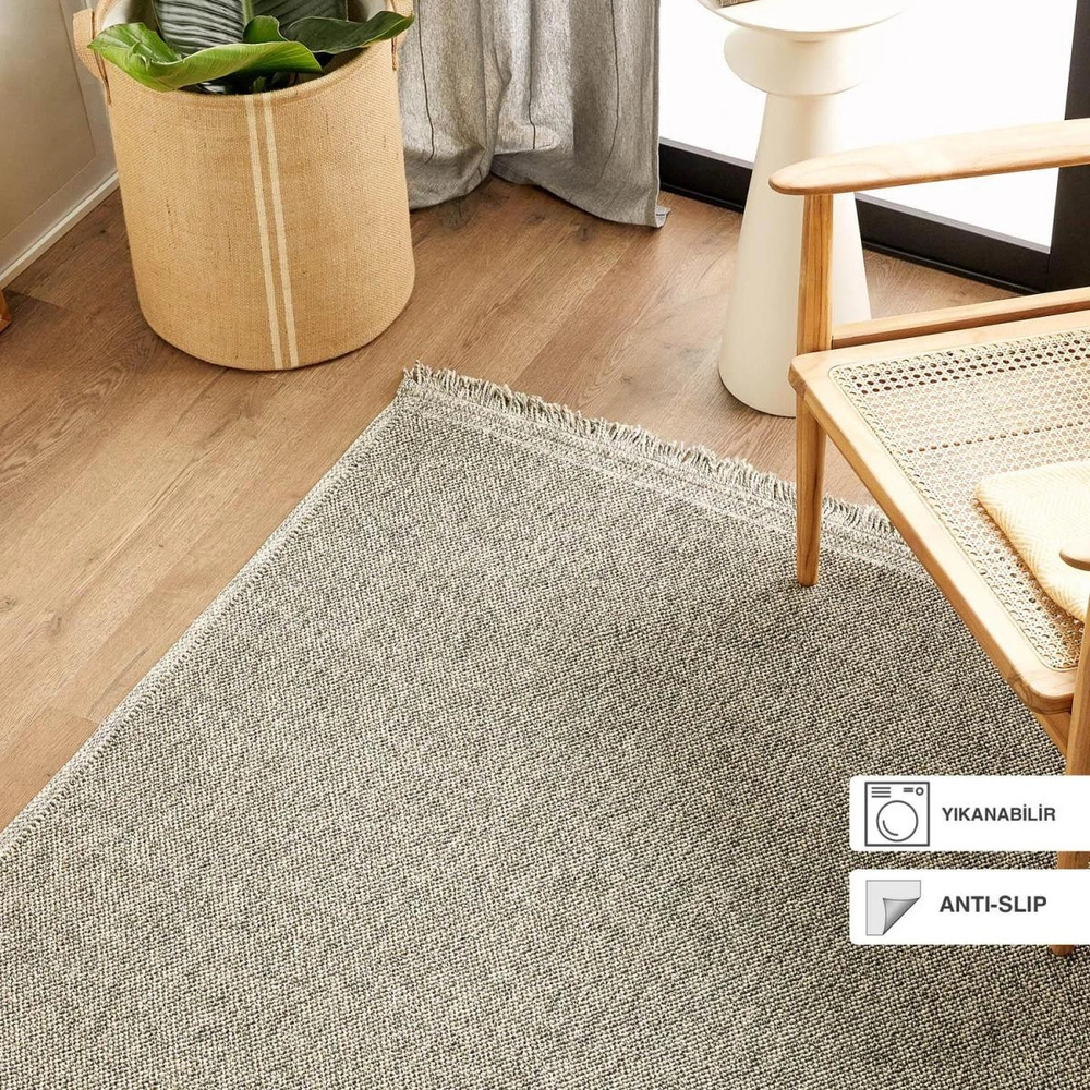 Ocean Home Textile Yıkanabilir Saçaklı Buklet Gri Renk Halı Kilim160 X 230 Cm görseli 1
