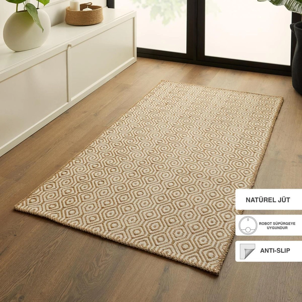 Ocean Home Textile Ekru Renk Karo Desenli Jüt Halı Kilim 80 X 150 Cm görseli 1