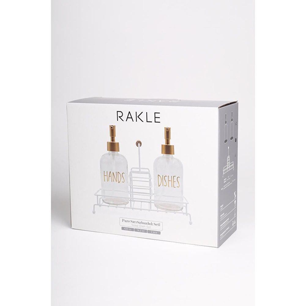 Rakle Pure Beyaz Metal Ahşap Kulplu Stand 2'li Sıvı Sabunluk Seti 420 Cc görseli 5