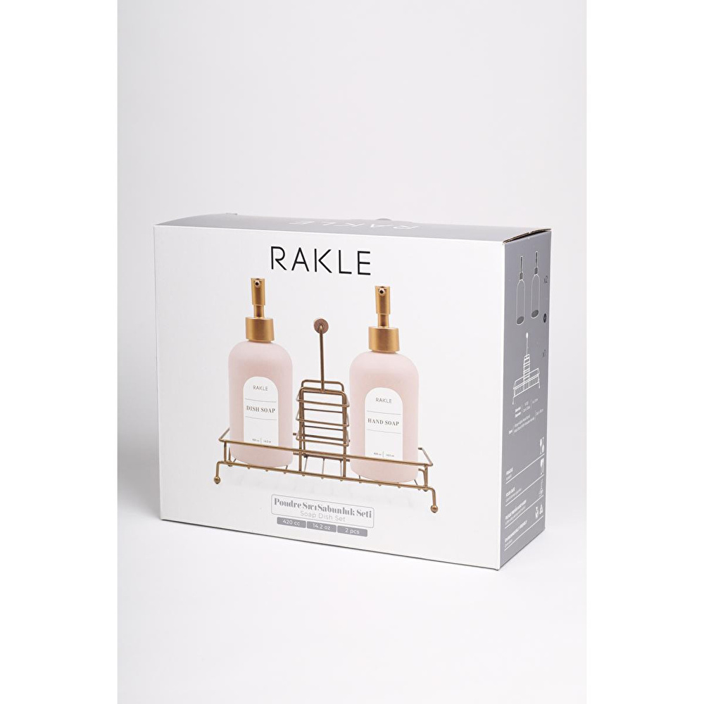 Rakle Poudre Gold Metal Ahşap Kulplu Stand 2'li Sıvı Sabunluk Seti Pembe 420 Cc görseli 5