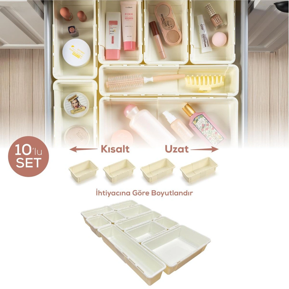 Vienev 10'lu Set Ayarlanabilir Çekmece Içi Düzenleyici Kutu – Uzayıp Kısalabilen Organizer Seti (5a2b2c1d) görseli 1