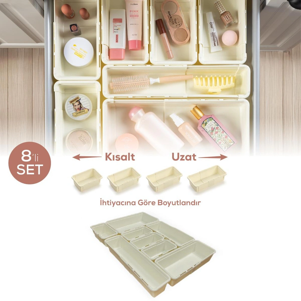 Vienev 8'li Set Ayarlanabilir Çekmece Içi Düzenleyici Kutu – Uzayıp Kısalabilen Organizer Seti (4a2b1c1d) görseli 1