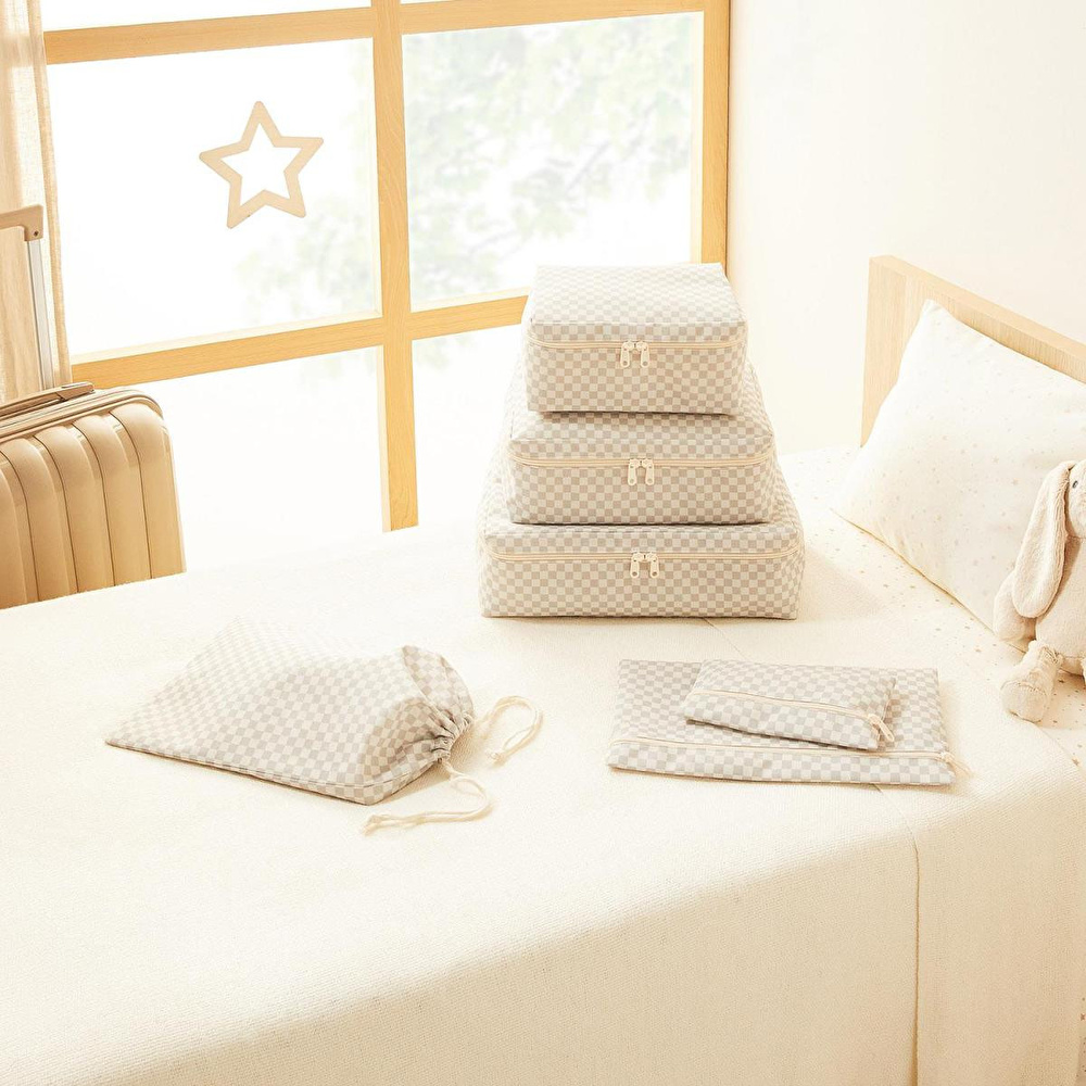Ocean Home Textile 6'lı Yıkanabilir Gri Dama Desen Pamuklu Bavul İçi Düzenleyici Set görseli 4