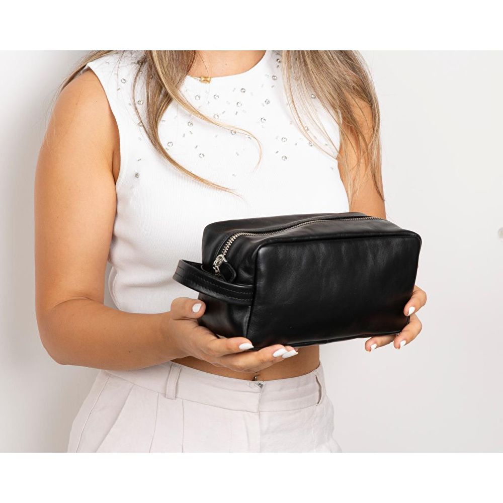 Bloominbag Bloombiel Obsidian Siyah Hakiki Deri Seyahat Ve Makyaj Çantası görseli 3