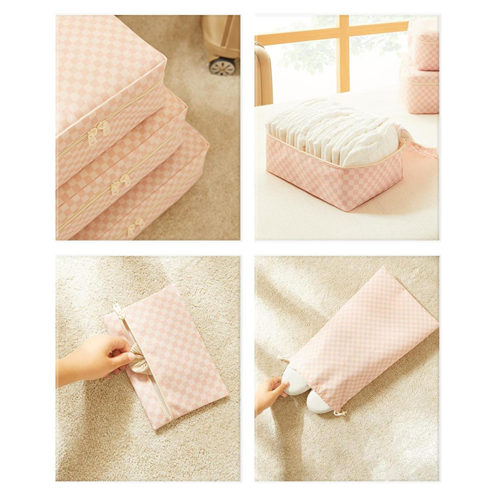Ocean Home Textile 6'lı Pembe Dama Desen Pamuklu Bavul İçi Düzenleyici Set görseli 5