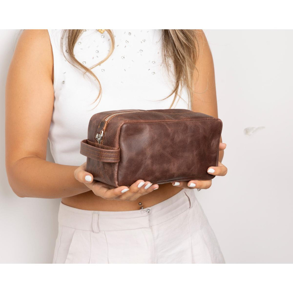 Bloominbag Bloombiel Mahogany Kahverengi Hakiki Deri Seyahat Ve Makyaj Çantası görseli 3