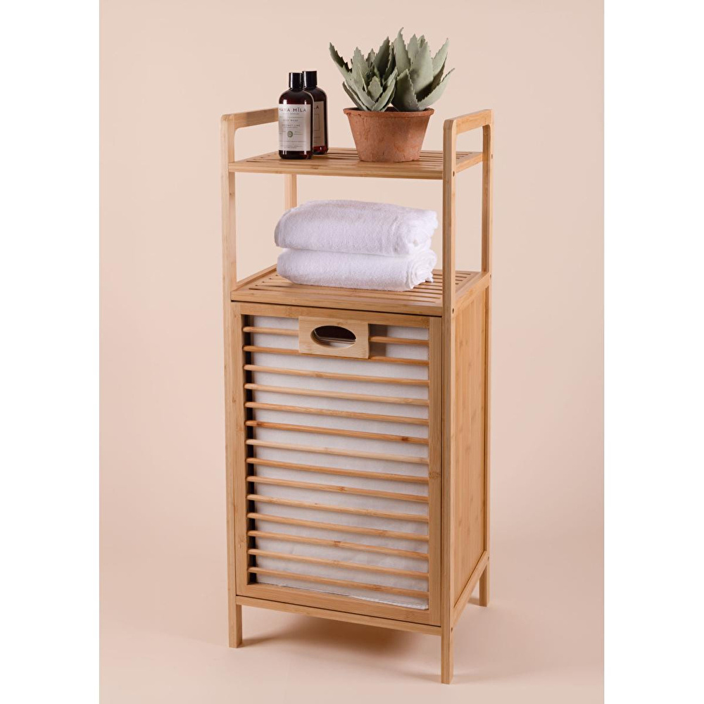 The Mia Bambu 2 Raflı Banyo Düzenleyici Dolap Ve Çamaşır Sepeti 95x40x30 Cm görseli 2