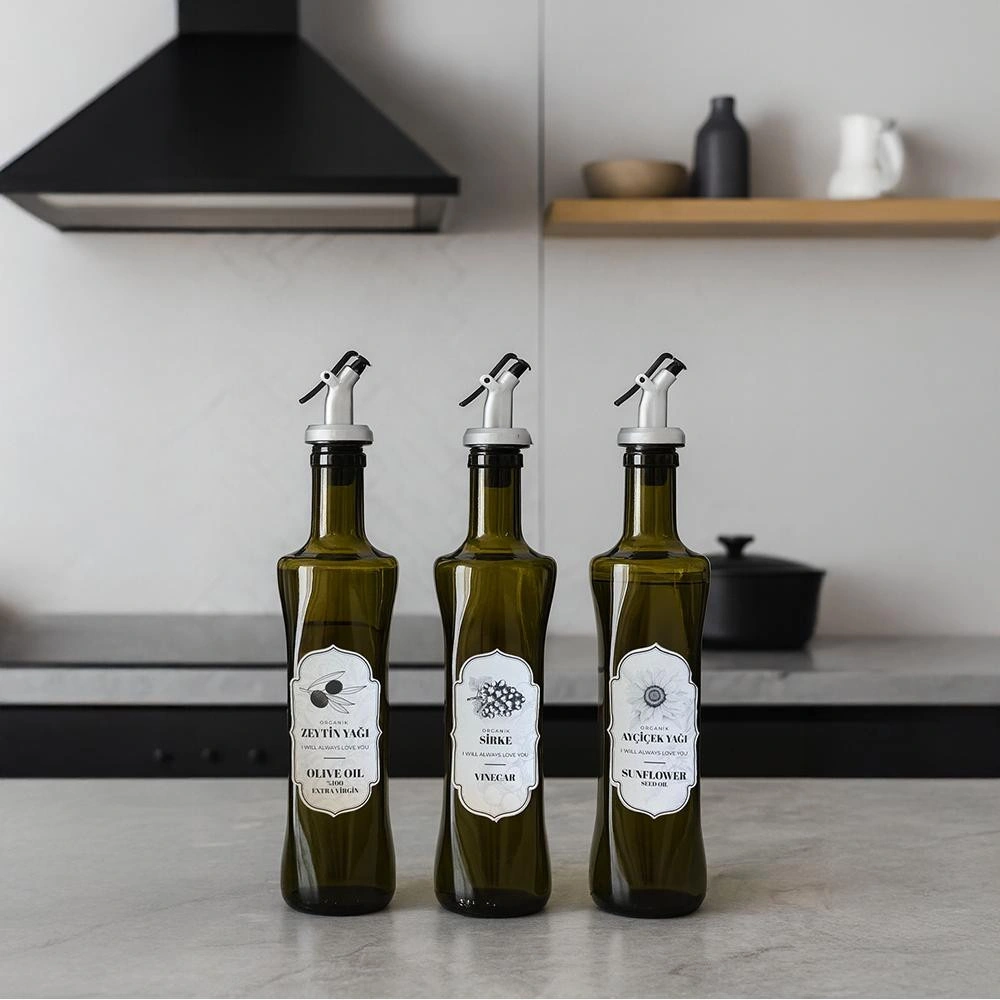 Vienev 3'lü Set Etiketli Yeşil Cam Şişe Sirke,zeytinyağı,ayçiçek Yağı Seti 500 Ml görseli 1