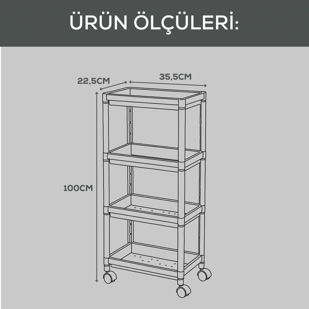 Vienev 4 Katlı Tekerlekli Çok Amaçlı Mutfak Ve Banyo Rafı Siyah görseli 4