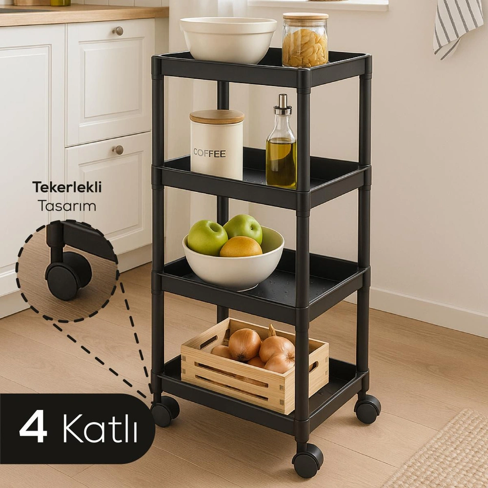 Vienev 4 Katlı Tekerlekli Çok Amaçlı Mutfak Ve Banyo Rafı Siyah görseli 1
