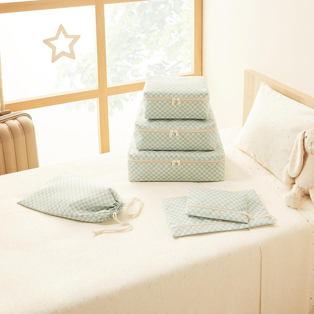 Ocean Home Textile 6'lı Mint Dama Desen Pamuklu Bavul İçi Düzenleyici Set görseli 1