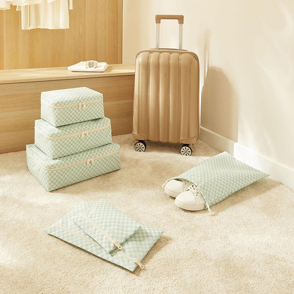 Ocean Home Textile 6'lı Mint Dama Desen Pamuklu Bavul İçi Düzenleyici Set görseli 3