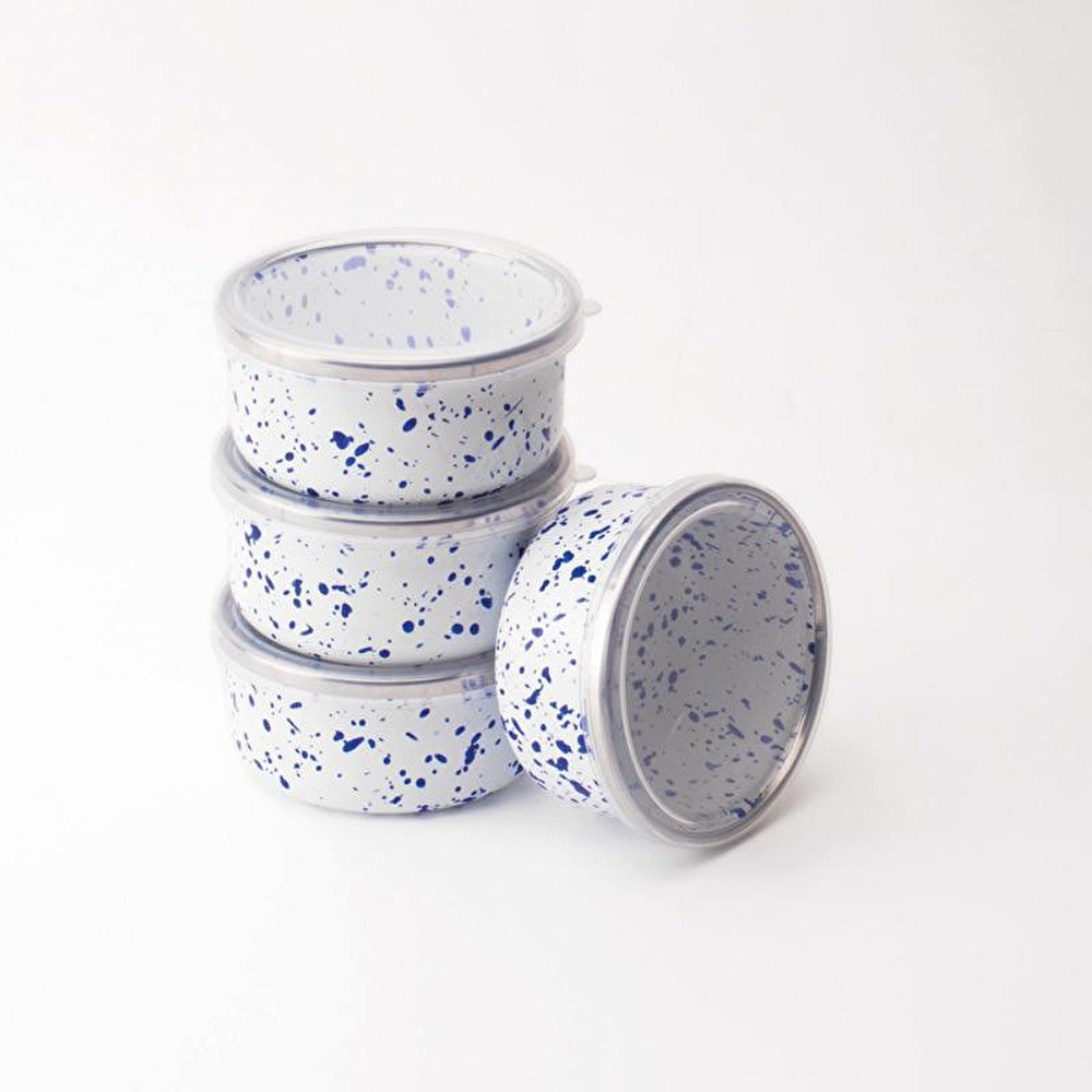 Emaylab Speckles Emaye 4’lü Kapaklı Çerezlik, Kahvaltılık, Reçellik, Zeytinlik, Sunumluk Seti 8cm 200 Ml görseli 3