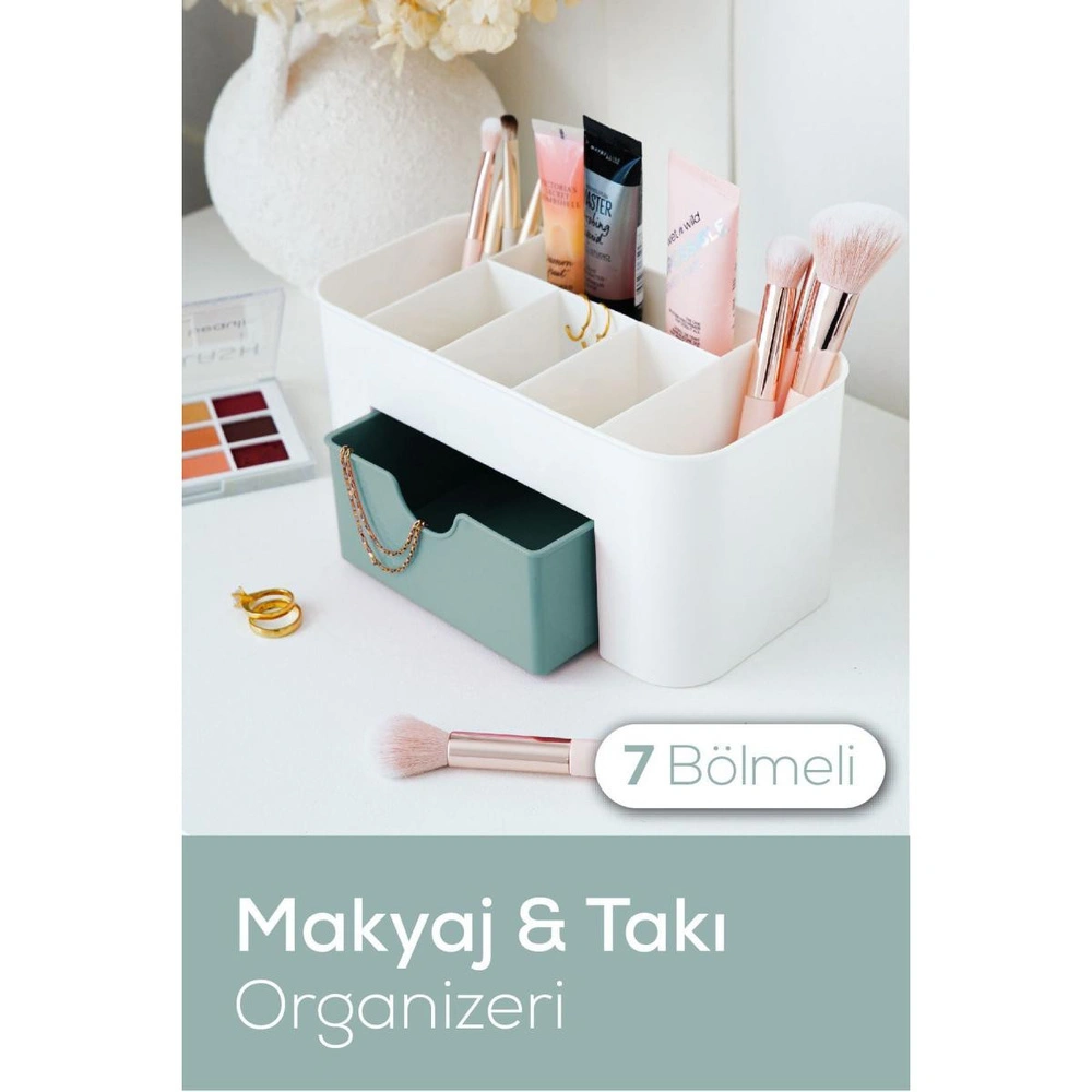 Vienev 7 Bölmeli Çekmeceli Makyaj Takı Organizeri - Masaüstü Düzenleyici Mint Şeffaf görseli 1