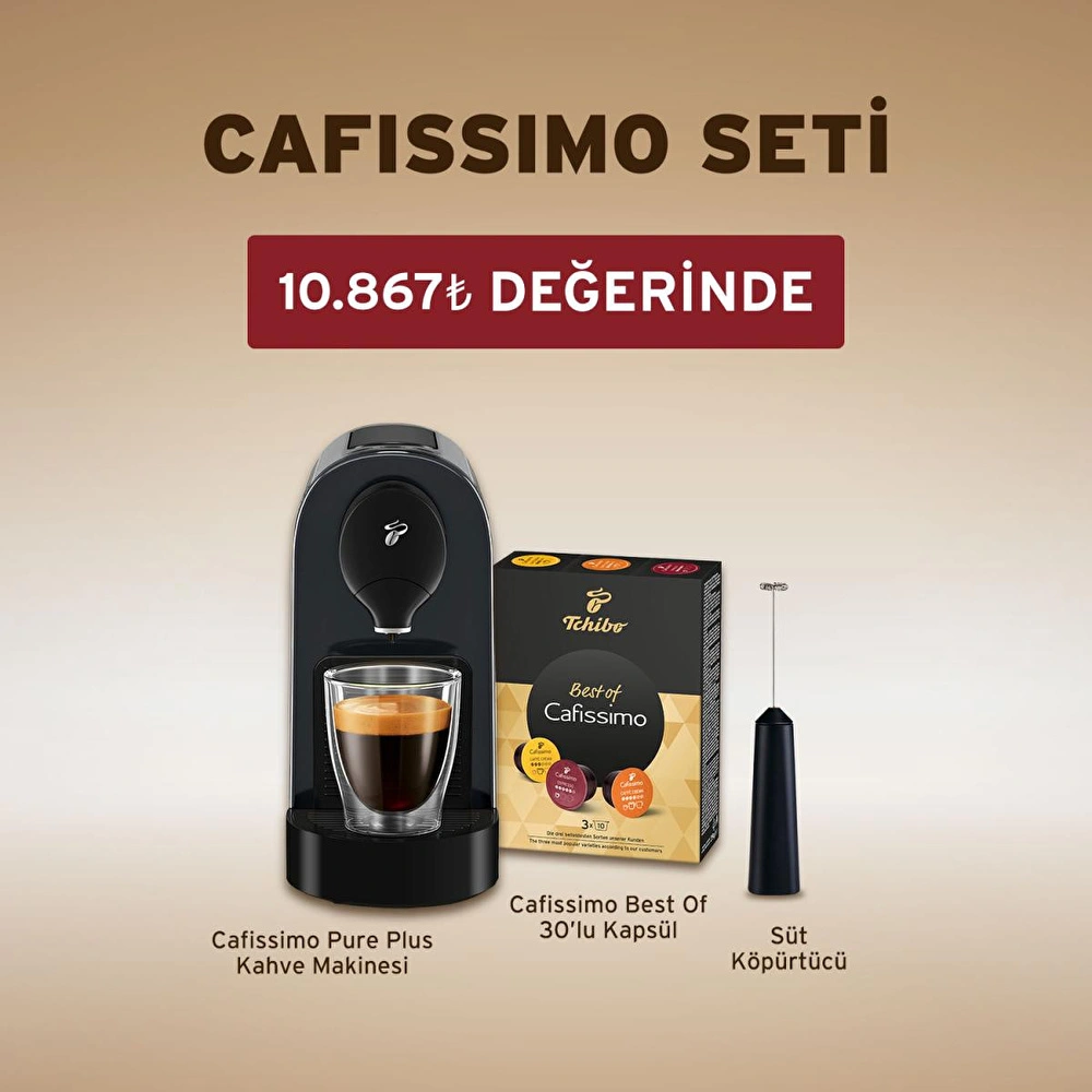 Tchibo Cafissimo Pure+ Kapsüllü Kahve Makinesi & Süt Köpürtücü & Best of Cafissimo 30’lu Kapsül görseli 1