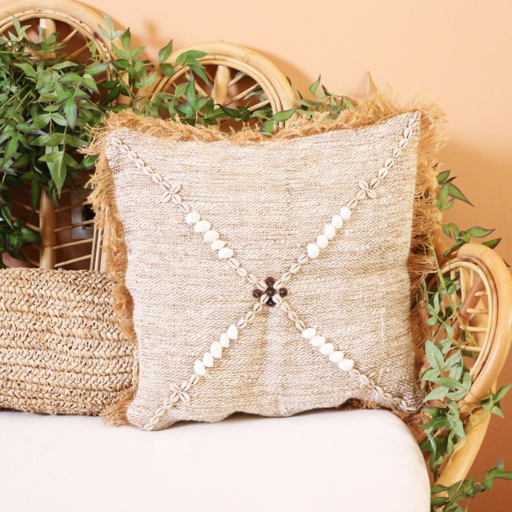 Mylamp Boho Deniz Kabuklu Doğal Keten Kırlent Kılıfı görseli 1