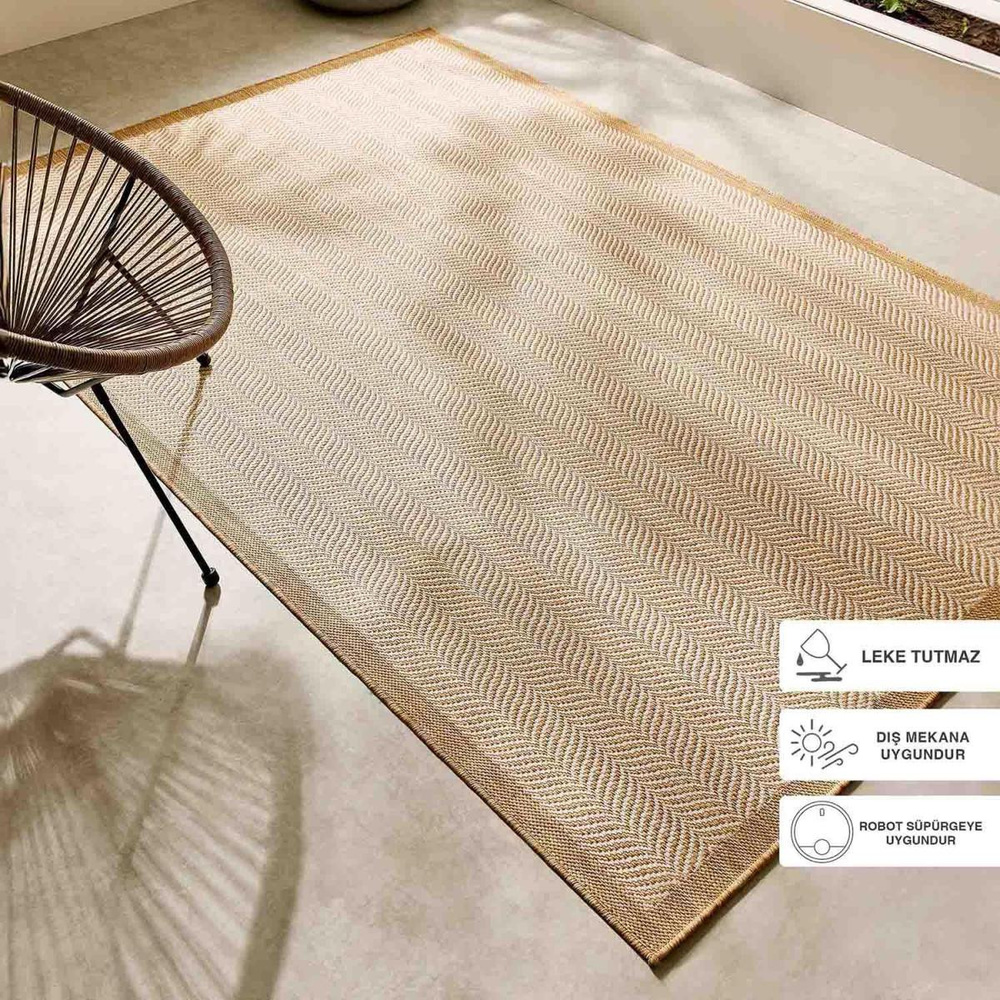 Ocean Home Textile Leke Tutmaz İç Dış Mekan Bej Renk Balıksırtı Halı Kilim 80 X 200 Cm görseli 1