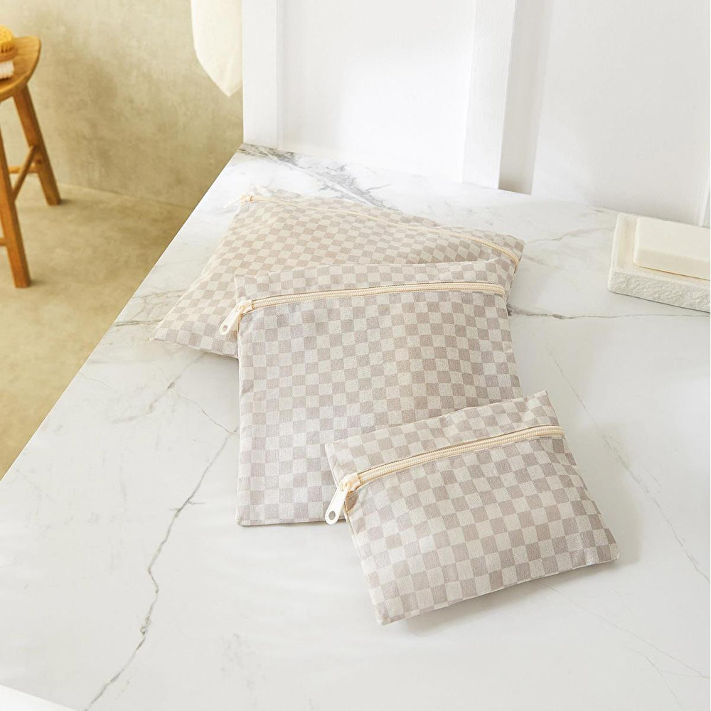 Ocean Home Textile 3'lü Su Geçirmez Pvc Astarlı Gri Dama Desen Islak Kuru Çantası 20 X 13 / 24 X 20 / 30 X 24 Cm görseli 1