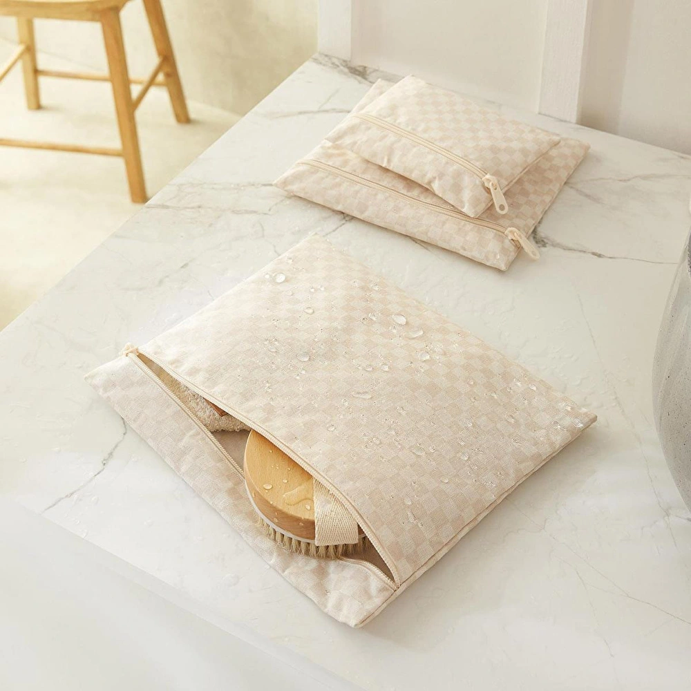 Ocean Home Textile 3'lü Su Geçirmez Pvc Astarlı Bej Dama Desen Islak Kuru Çantası 20 X 13 / 24 X 20 / 30 X 24 Cm görseli 3