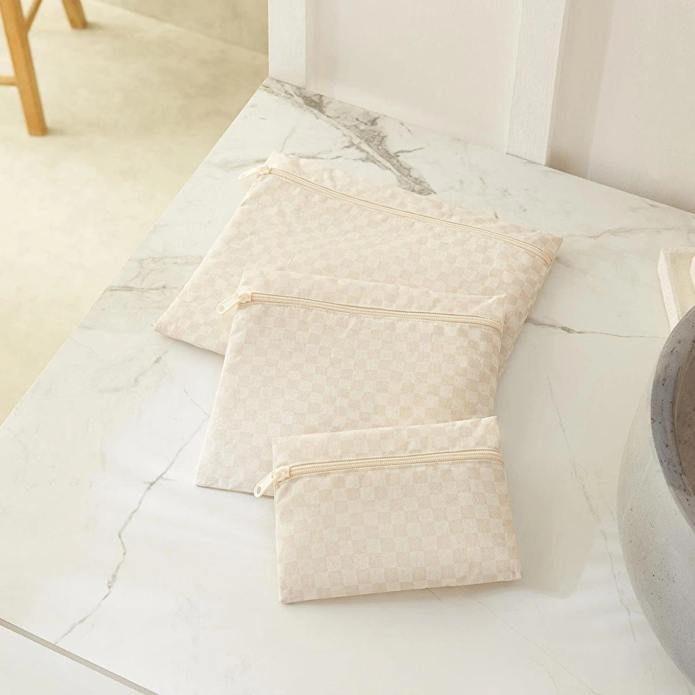 Ocean Home Textile 3'lü Su Geçirmez Pvc Astarlı Bej Dama Desen Islak Kuru Çantası 20 X 13 / 24 X 20 / 30 X 24 Cm görseli 2